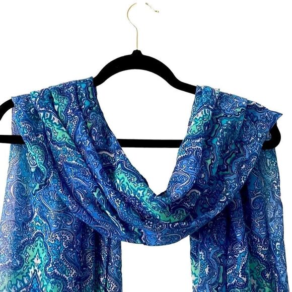 Large blue and aqua medallion pattern long rectangle scarf - Picture 3 of 10